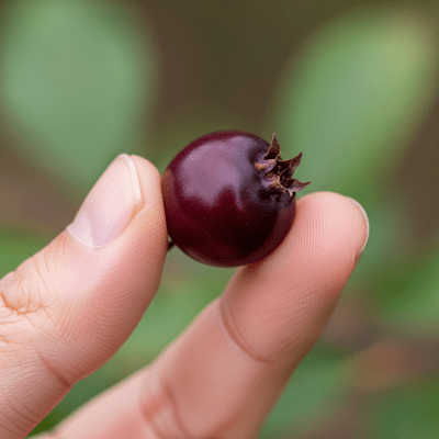 A factual photograph of a hand holding a ripe Chokecherry, illustrating its size and appearance for the taxonomy berries