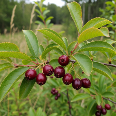 A naturalistic photograph of a Chokecherry growing on its plant in its typical environment, representing the taxonomy berries