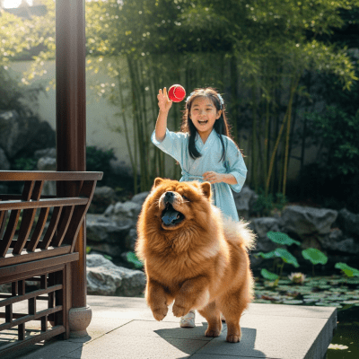 Image of a Chow Chow interacting with humans in a typical cultural or domestic setting