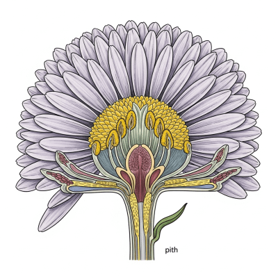 Cross-sectional illustration of a Chrysanthemum (flowers), showing internal parts such as stem, petals, and reproductive organs