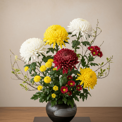 Image of a Chrysanthemum (flowers) arranged in a traditional bouquet or floral arrangement