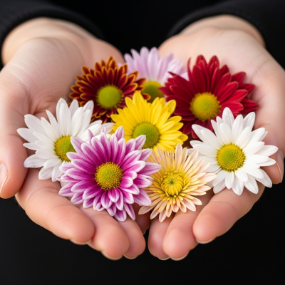Photograph of a Chrysanthemum (flowers) being held or interacted with by a person in a gentle way
