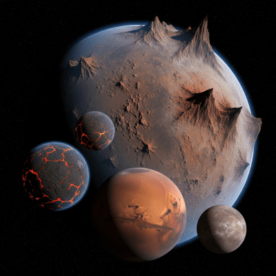 Illustration of a Chthonian planet (planets) as it might appear in an educational context, with canonical example planets shown nearby for reference