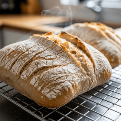 Photograph of freshly baked Ciabatta, cooling on a wire rack