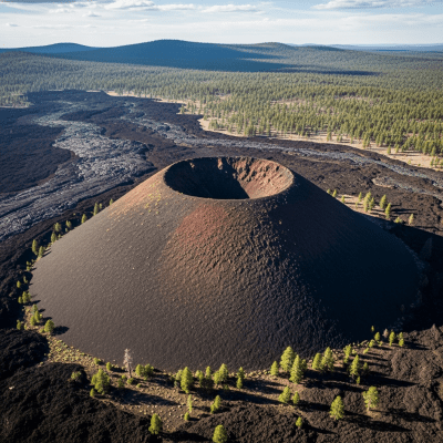 Aerial view photograph of the Cinder cone, showcasing its shape and crater from above