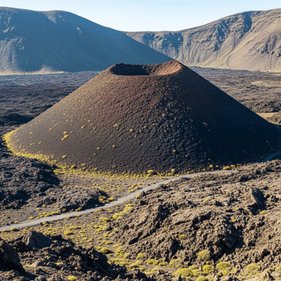 Natural landscape image showing the Cinder cone in its real-world environment, emphasizing its geological features and surrounding terrain