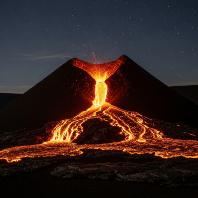 Nighttime image of the Cinder cone, highlighting glowing lava and illuminated volcanic features