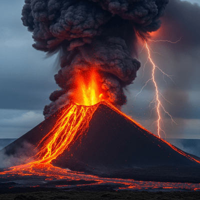 Image depicting the Cinder cone during an eruption event, capturing lava flow, ash plume, and dynamic movement