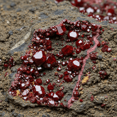 Naturalistic scene featuring Cinnabar in its typical geological environment, as categorized by minerals