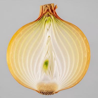A detailed cross-sectional image of a Cipollini onion (onions) cut in half to reveal its internal layers and structure