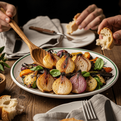 A cultural representation of a Cipollini onion (onions) featured in a traditional dish or meal setting