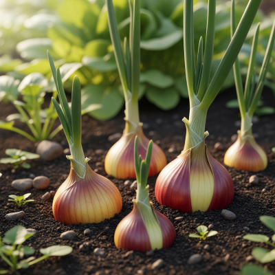 A photograph of a Cipollini onion (onions) in its natural environment or growing in soil