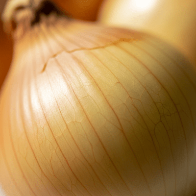A macro photograph highlighting the surface texture and skin details of a Cipollini onion
