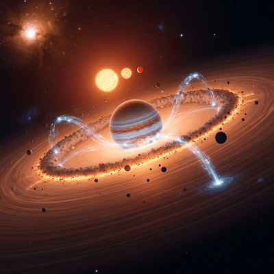 Realistic rendering of a Circumbinary planet, shown in a simulated planetary formation environment