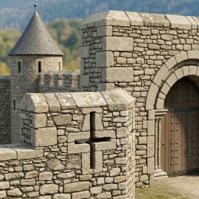 A close-up image focusing on unique architectural details of a Citadel Castle, from the castles taxonomy