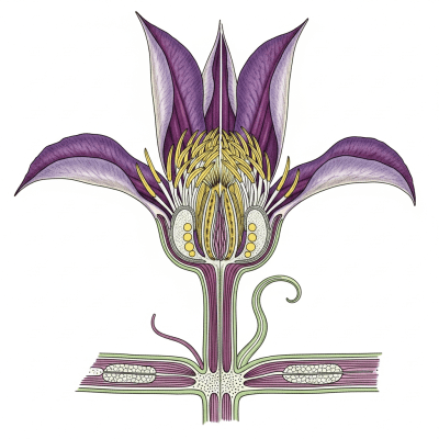 Cross-sectional illustration of a Clematis (flowers), showing internal parts such as stem, petals, and reproductive organs