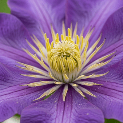 Detailed macro image of a Clematis (flowers), focusing on the intricate structure of petals, stamens, and pistil