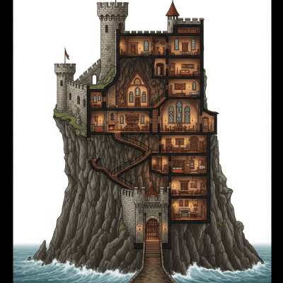 A detailed cross-sectional illustration of a Cliff Castle, from the castles taxonomy