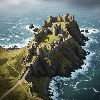 A bird's-eye view rendering of a Cliff Castle, classified in the castles taxonomy