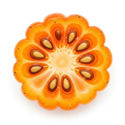 A cross-sectional view of a sliced Cloudberry, part of the taxonomy berries