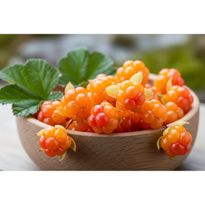 A high resolution image of several fresh Cloudberrys arranged in a simple bowl, representing their use within the taxonomy berries