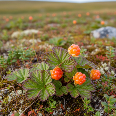 A naturalistic photograph of a Cloudberry growing on its plant in its typical environment, representing the taxonomy berries
