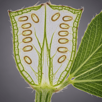Close-up macro image of the Clover (legumes) cut in half, displaying its internal structure and details such as seed arrangement, pod interior, or cross-section textures