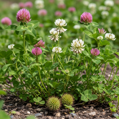 Photograph of the Clover (legumes) growing naturally on its plant in an outdoor agricultural or garden setting, showing leaves, pods, and surrounding soil or greenery