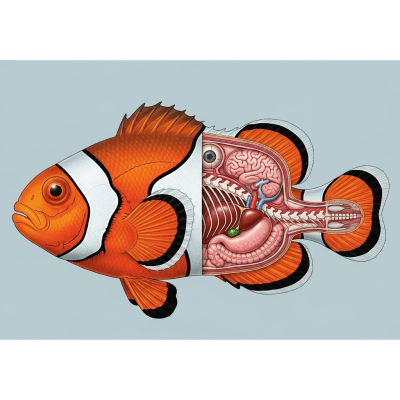 Detailed anatomical illustration of a Clownfish, part of the taxonomy fish