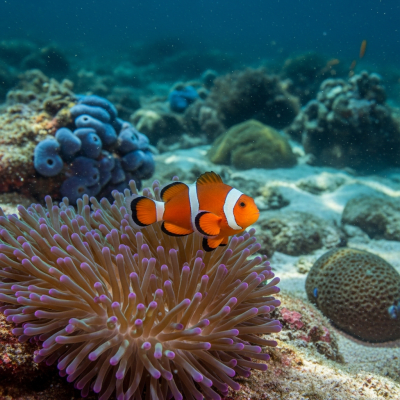 Underwater scene featuring a single Clownfish