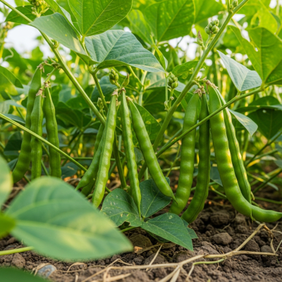 An image of Cluster Bean, belonging to the taxonomy beans, displayed in its natural environment—such as growing on a plant or vine, surrounded by leaves and soil