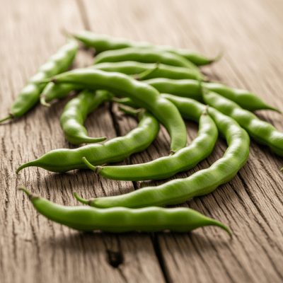 A handful of uncooked Cluster Bean beans (beans) scattered on a rustic wooden surface, photographed in natural light to emphasize their variety and color