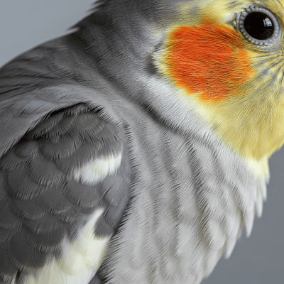 Close-up macro photograph of the feathers or distinctive markings of a Cockatiel