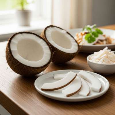 Image of the Coconut, part of the fruits taxonomy, prepared or used in a typical culinary context