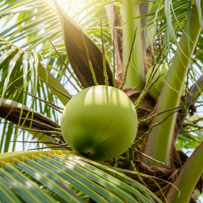 A photograph of a fresh Coconut from the fruits taxonomy as it appears in its natural growing environment, such as on a tree, bush, or vine