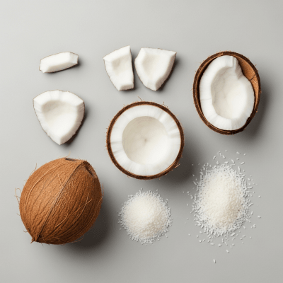 An overhead view photograph of several pieces of the Coconut, from the fruits taxonomy, arranged aesthetically on a plain background