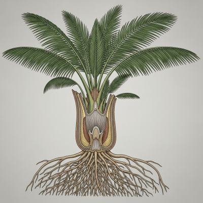 Cross-sectional scientific illustration of a Coconut Palm
