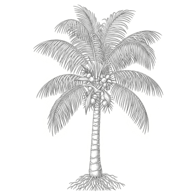 Botanical illustration of a whole Coconut Palm
