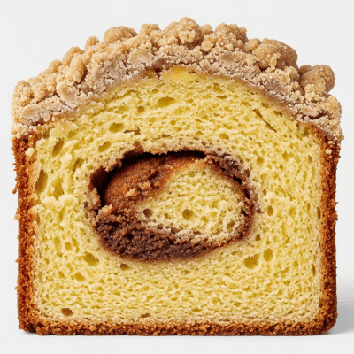 Detailed cross-sectional view of a sliced Coffee Cake (cake), showing internal layers, textures, and ingredients