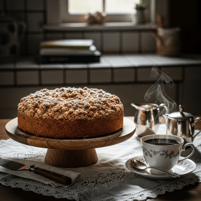 A realistic image of a whole Coffee Cake (cake) displayed on a classic dessert table in a home or bakery setting