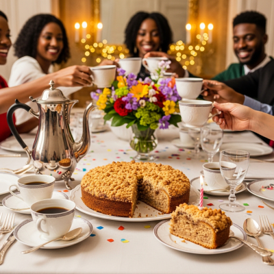 A scene showing the Coffee Cake (cake) being served or enjoyed at a festive occasion, such as a birthday party or wedding
