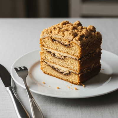 An image of a single slice of Coffee Cake, from the cake taxonomy, isolated on a plate with simple cutlery