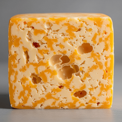 Close-up cross-sectional view of a Colby, showing its internal texture and structure