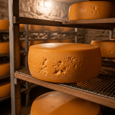 A whole wheel or block of Colby, shown in an artisanal cellar or aging environment typical for this cheese