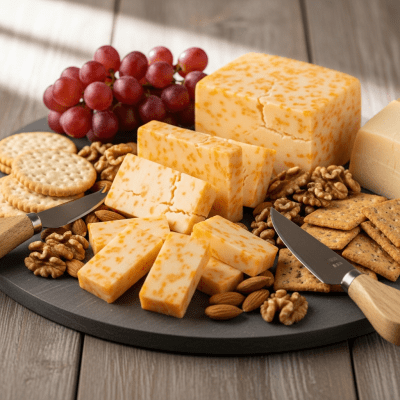 A serving of Colby arranged as part of a traditional cheese platter with fruits, nuts, and crackers
