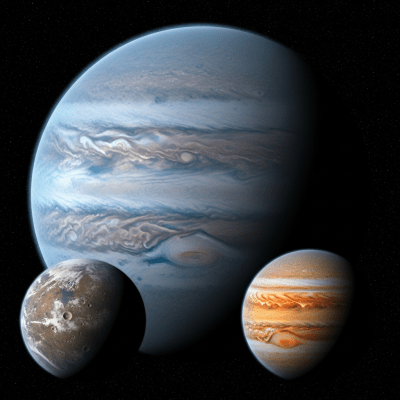 Illustration of a Cold Jupiter (planets) as it might appear in an educational context, with canonical example planets shown nearby for reference