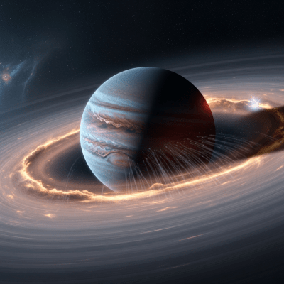 Realistic rendering of a Cold Jupiter, shown in a simulated planetary formation environment