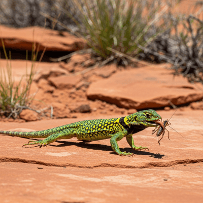 A dynamic action scene featuring a single Collared Lizard (lizards) running, climbing, or catching prey in its typical environment