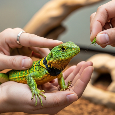 Image of a Collared Lizard interacting with humans in a responsible pet-keeping context