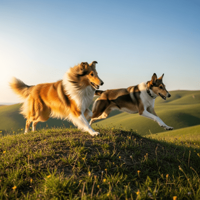 Full body action shot of a Collie